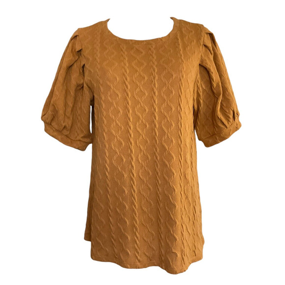 Cupio Mustard Yellow Knit Sweater Large Puff Sleeve Polyester Blend - Picture 1 of 7